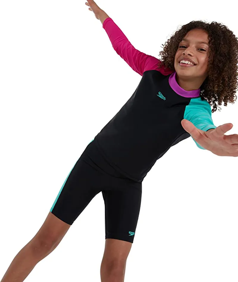 Speedo Rash Top and Jammer Girls Swimwear Black/Fuchsia/Green-4